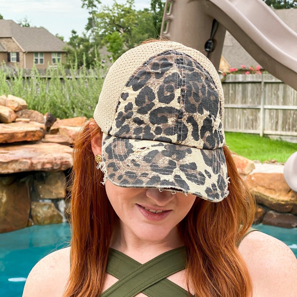 Distressed Leopard with Stretch Mesh High Pony Ball Cap